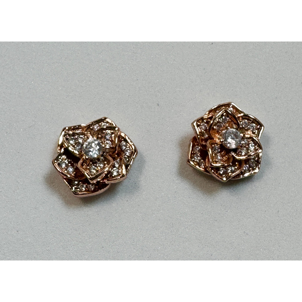 Rose Gold Rhinestone Flower Stud Earrings 1/2" Post Earrings Sparkly New  E304