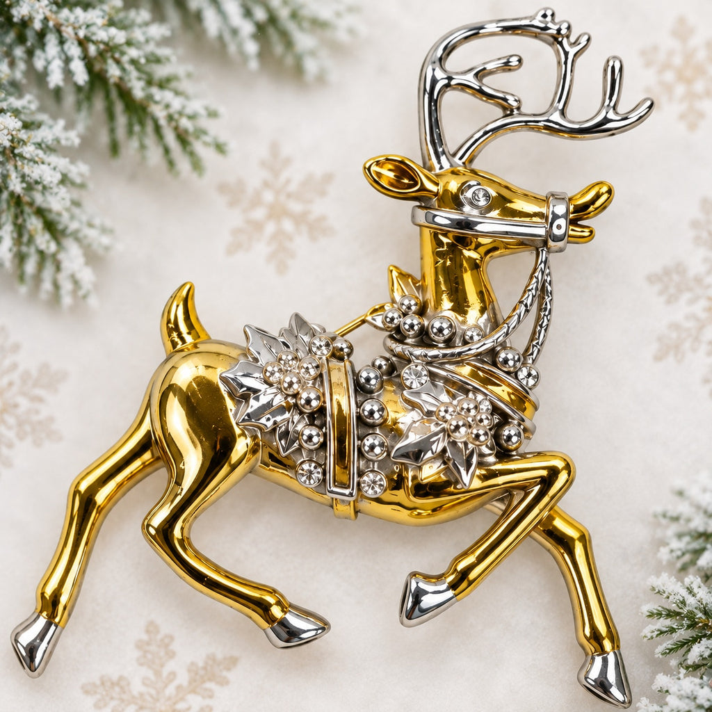 Reindeer Christmas Brooch Gold Silver Tone Holly Elegant Holiday Deer Pin CP179