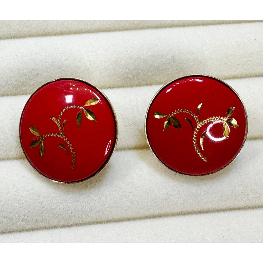 Vintage Red Enamel Gold Leaf Clip On Earrings Round 3/4" Retro Costume E605