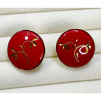 Vintage Red Enamel Gold Leaf Clip On Earrings Round 3/4" Retro Costume E605