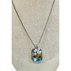 Floral Enamel Pendant Necklace Silver Tone Faux Pearl N449