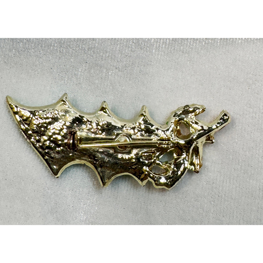 Vintage Enamel Holly Leaf Brooch Pin Green Red Gold Tone Christmas  2.25" CP182