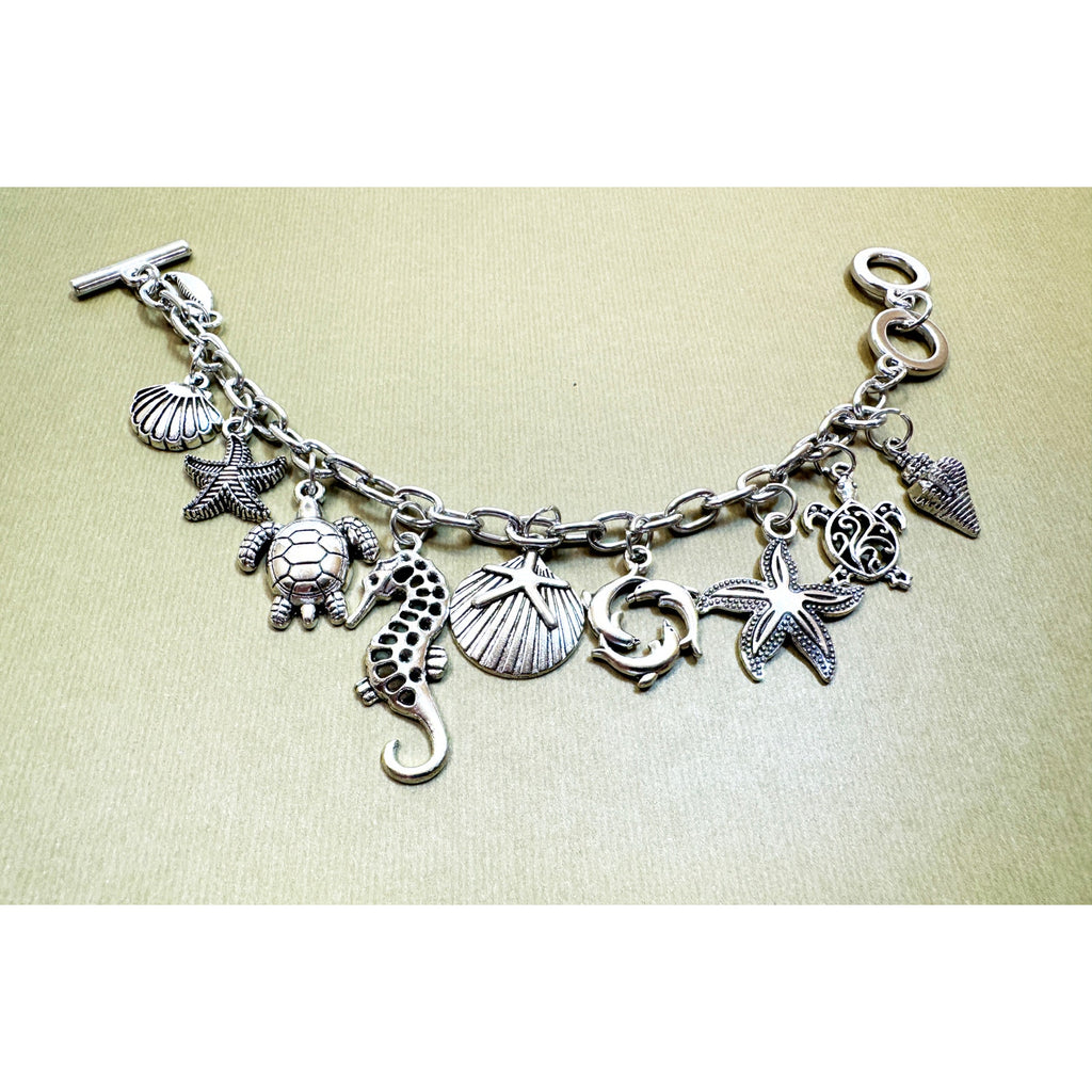 Silver Sea Life Charm Bracelet Turtle Seahorse Dolphin Shell 7-7.5 In B141