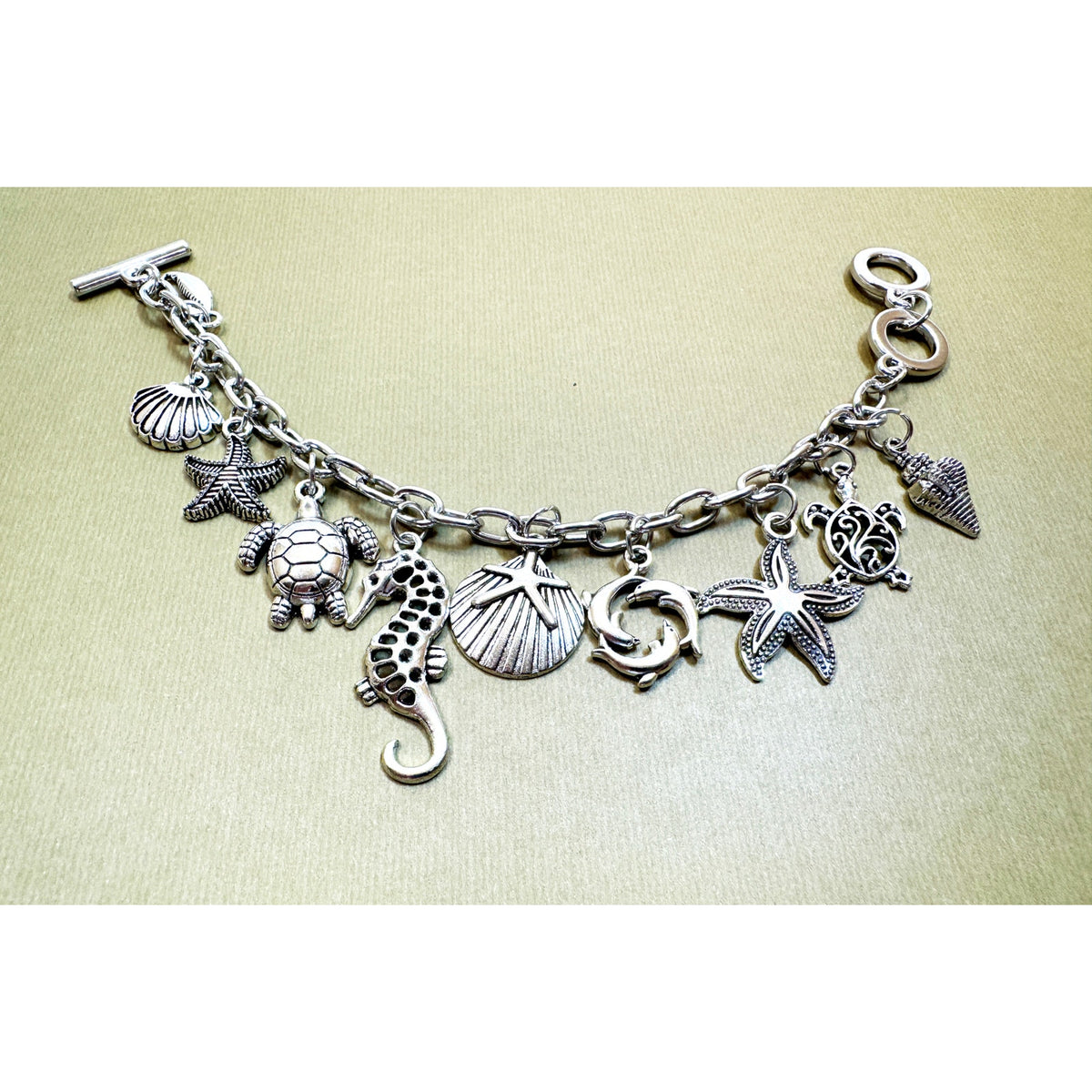 Silver Sea Life Charm Bracelet Turtle Seahorse Dolphin Shell 7-7.5 In B141