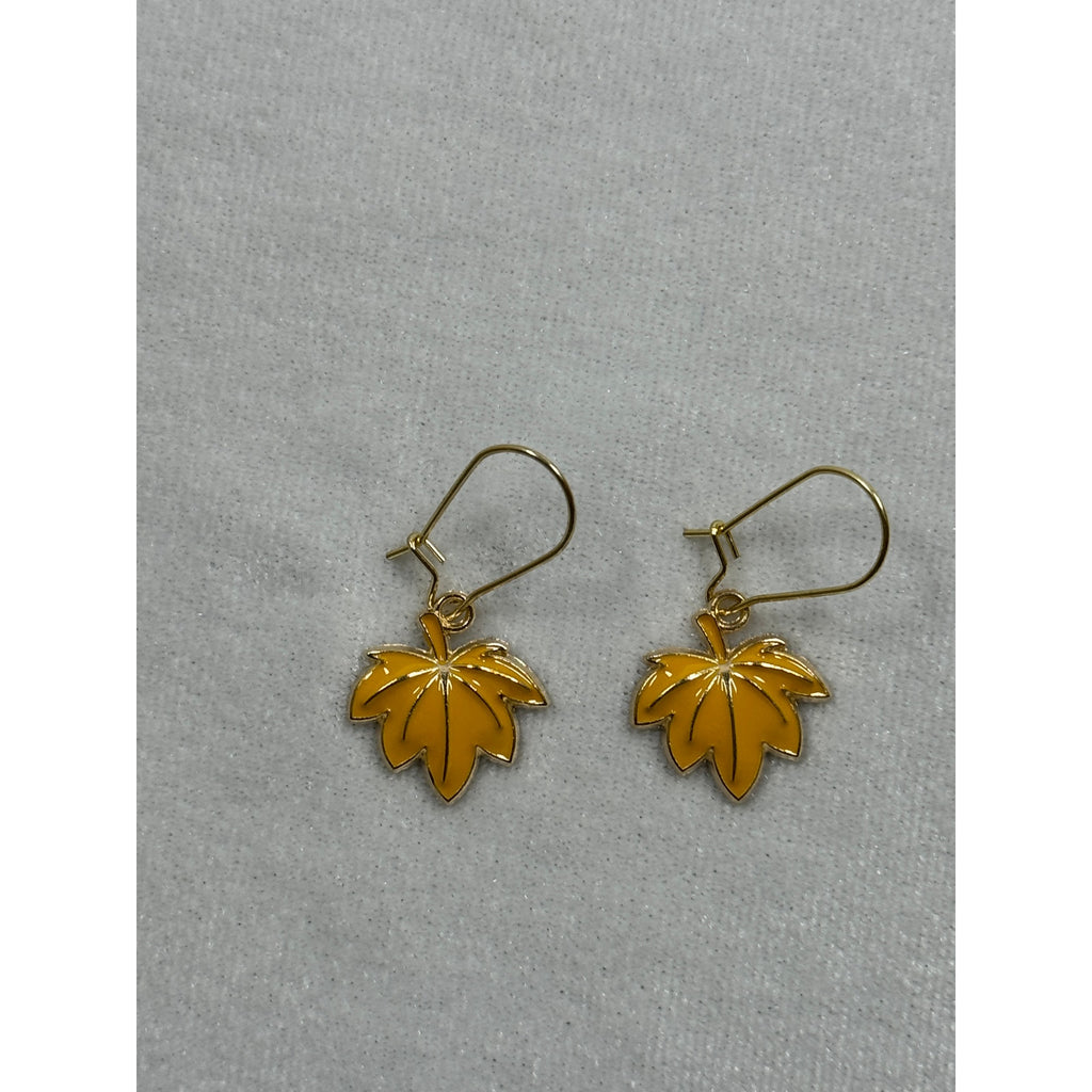 Yellow Maple Leaf Earrings Autumn Fall Dangle Earrings Gold Tone E282