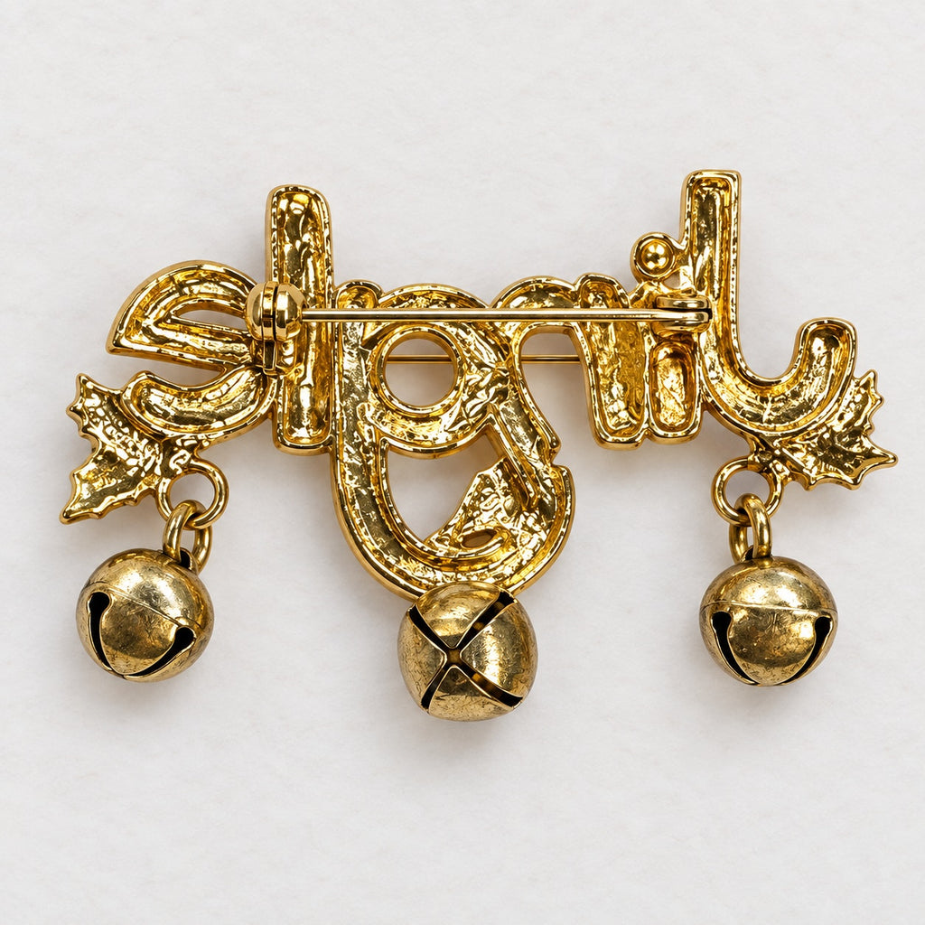 Jingle Christmas Brooch Gold Tone Bells Candy Cane Holly Enamel Holiday CP178