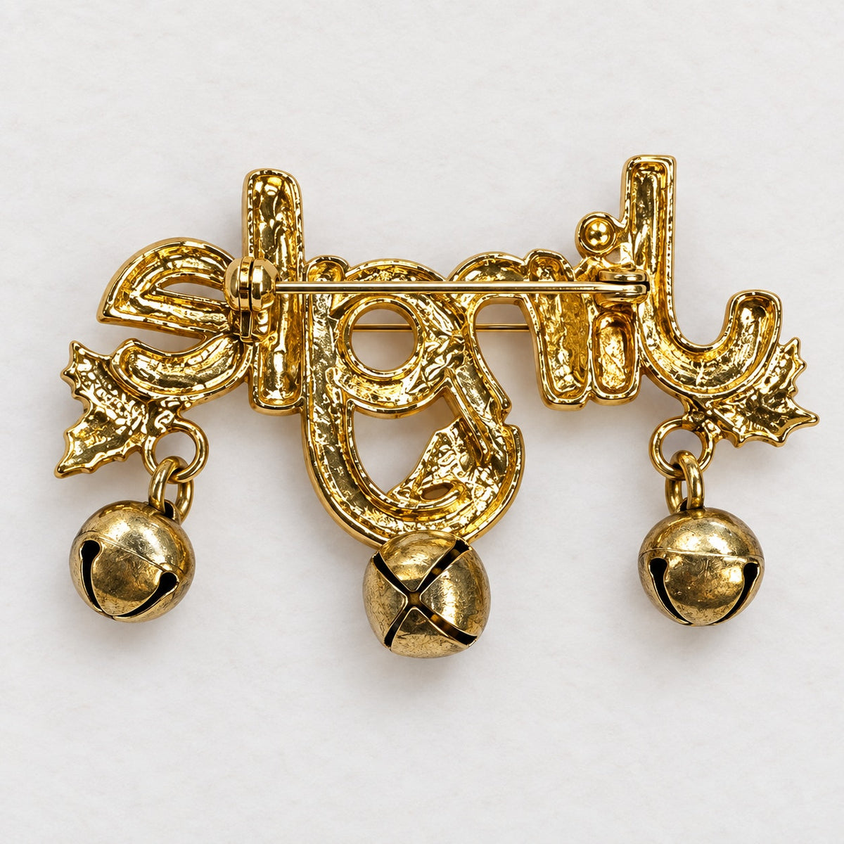Jingle Christmas Brooch Gold Tone Bells Candy Cane Holly Enamel Holiday CP178