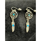 Silver Dreamcatcher Feather Dangle Earrings Turquoise Accent Boho E511