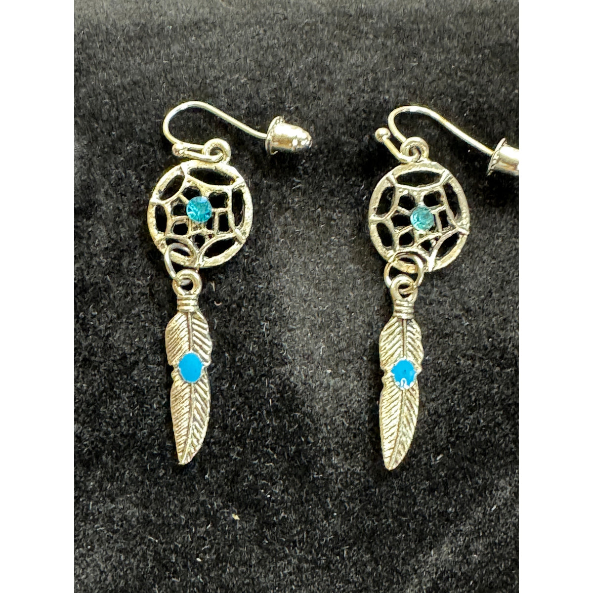 Silver Dreamcatcher Feather Dangle Earrings Turquoise Accent Boho E511