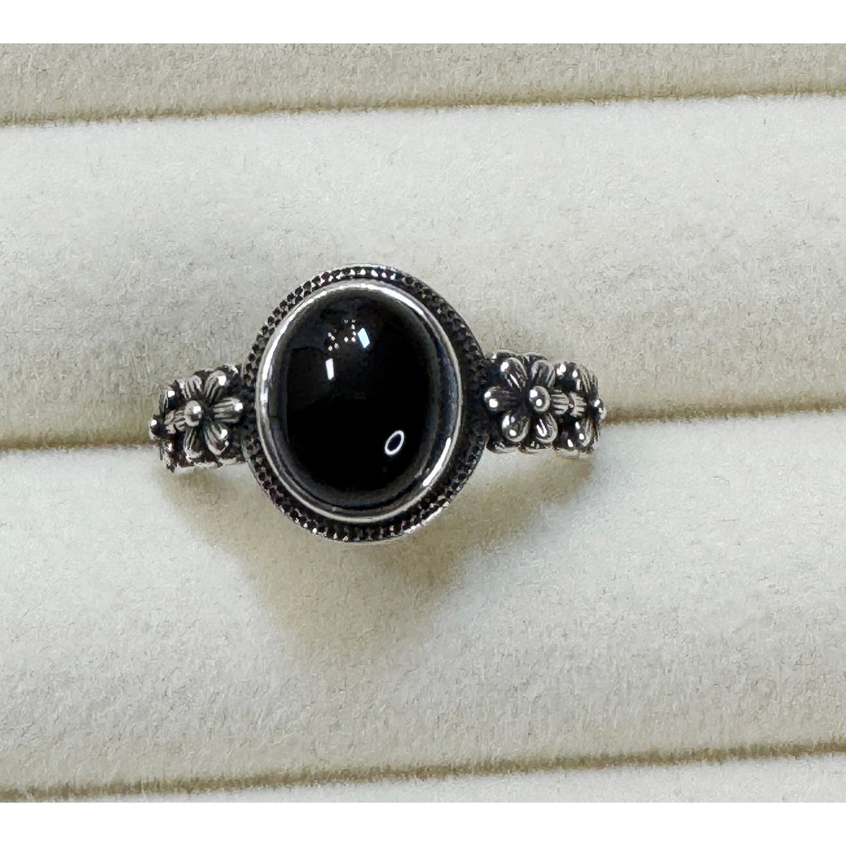 New Size 10 Black Onyx Color Cabochon Ring Silver Floral Vintage Style Ring R002