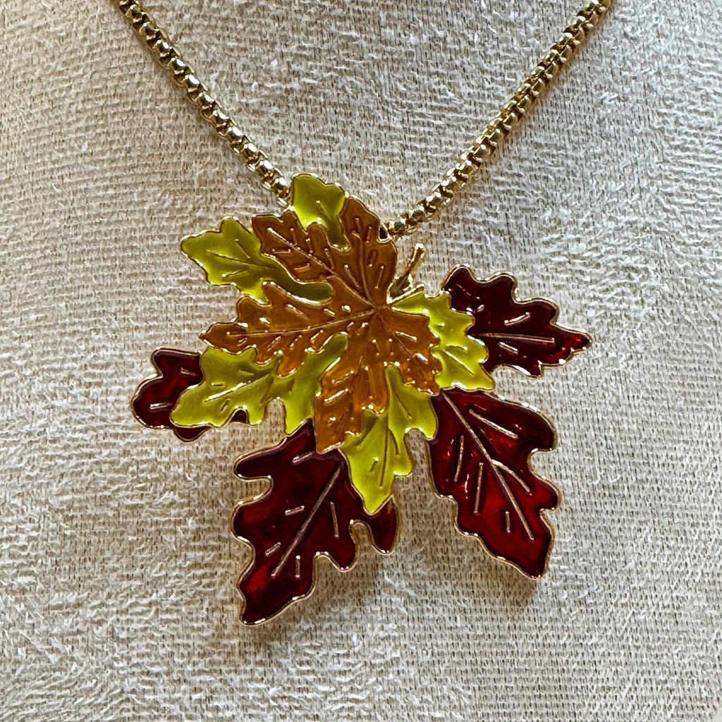 Fall Autumn Leaf Necklace Colorful Enamel Leaves Pendant 22 Inch Chain N369