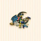 Halloween Witch Brooch Rhinestone Enamel Moon Broom Gold Tone Large Pin CP206