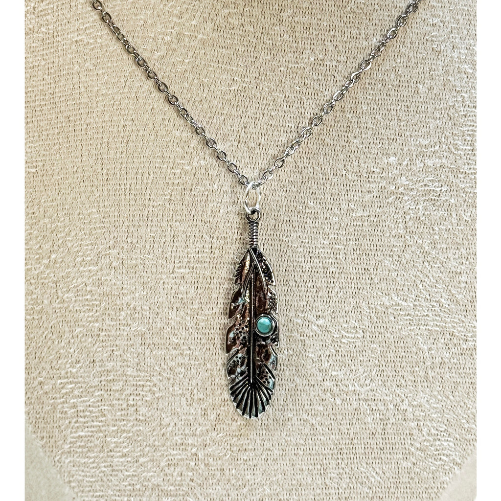 Silver Feather Pendant Necklace Turquoise Accent Boho Southwestern Style N451