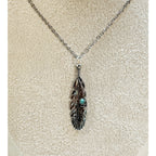 Silver Feather Pendant Necklace Turquoise Accent Boho Southwestern Style N451