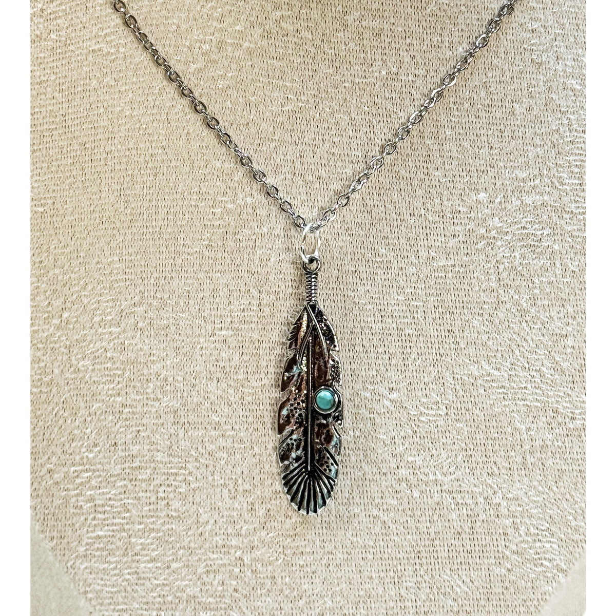 Silver Feather Pendant Necklace Turquoise Accent Boho Southwestern Style N451