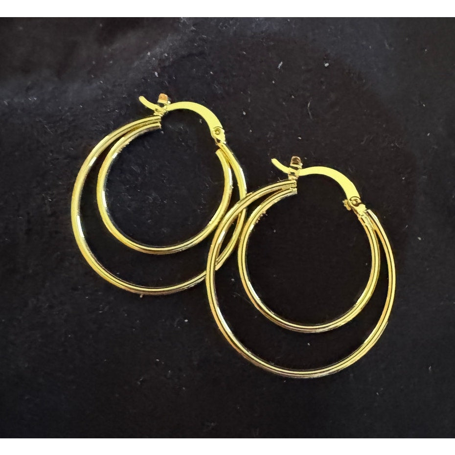 Stainless Steel Gold Hoop Earrings Double Circle Hoops 1.25 Inch E249