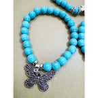 Set of 3 Turquoise Beaded Stretch Bracelets Butterfly Owl Charm Boho  B104
