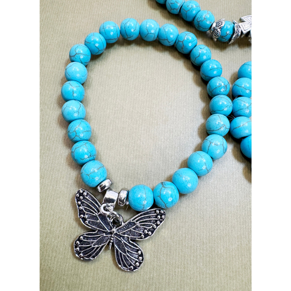 Set of 3 Turquoise Beaded Stretch Bracelets Butterfly Owl Charm Boho  B104