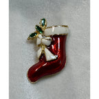 Vintage Enamel Christmas Stocking Brooch Pin Holiday Jewelry 1.75" CP166