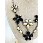Vintage Black White Flower Bib Necklace Rhinestone 18-20 Statement  N416