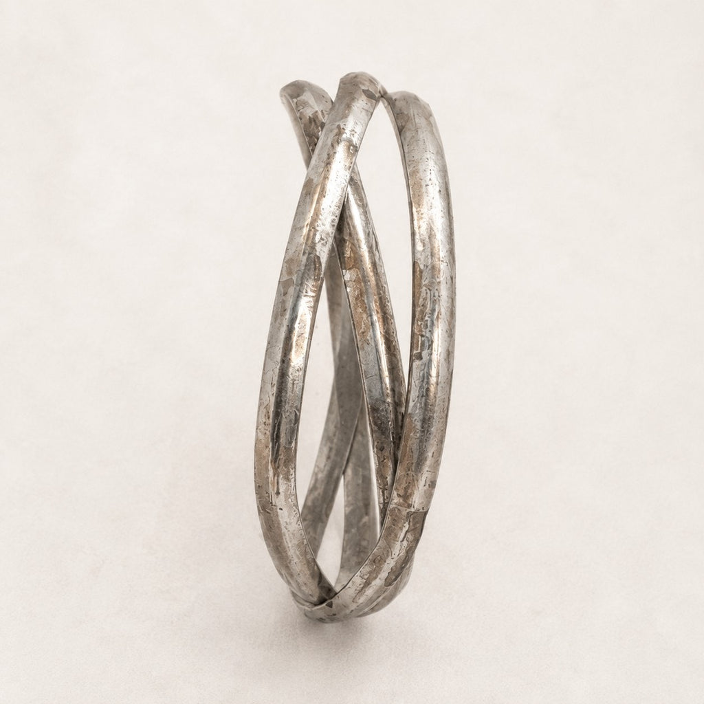 Silver Tone Interlocking Triple Bangle Bracelet Textured Statement Jewelry B181