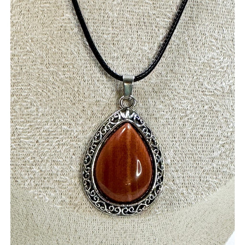 Red Teardrop Stone Pendant Necklace Silver Tone Black Cord Boho New  N384
