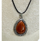 Red Teardrop Stone Pendant Necklace Silver Tone Black Cord Boho New  N384