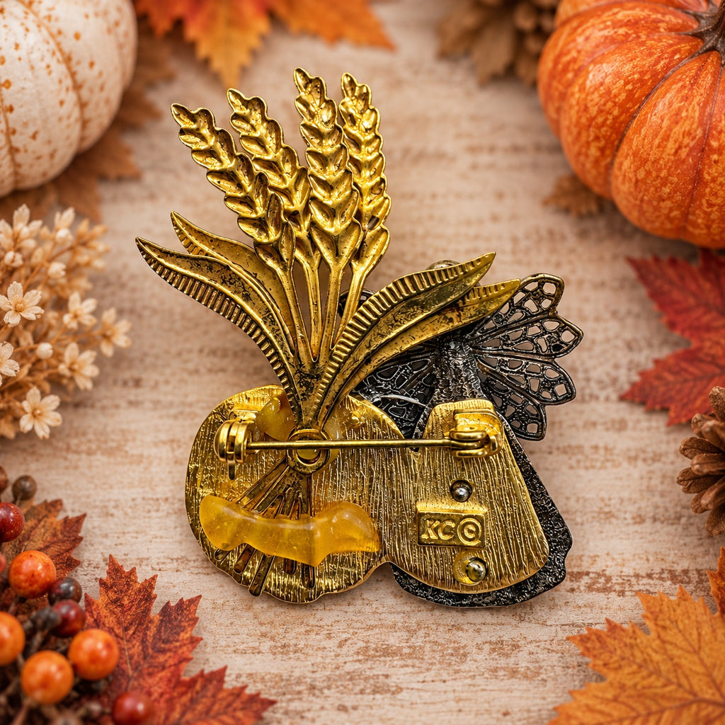 Vintage KC Harvest Angel Pumpkin Wheat Brooch Fall Thanksgiving Pin CP221