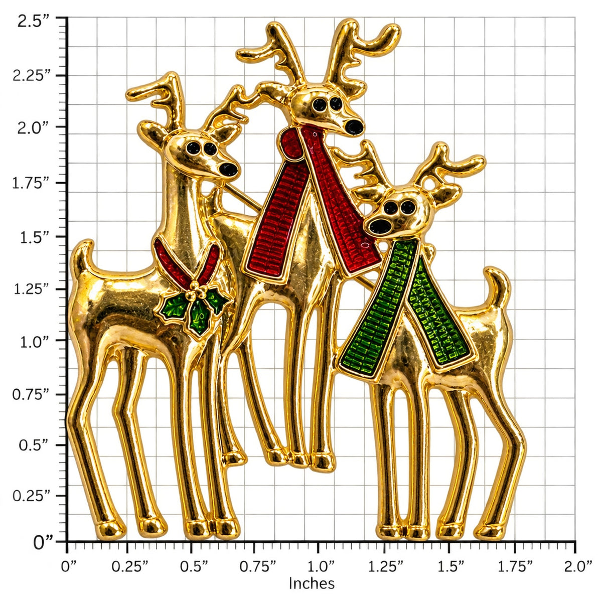 Vintage Three Reindeer Brooch Gold Tone Enamel Christmas Holiday Deer Pin CP261