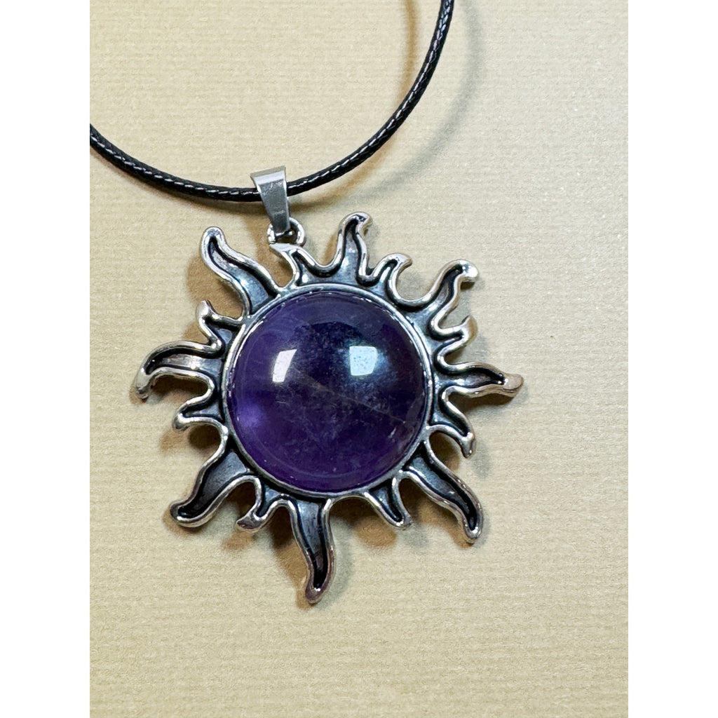 Purple Sun Pendant Necklace Celestial Amethyst Color 2" Pendant 16-18" Cord N302