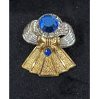Vintage Angel Pin Gold & Silver Tone Blue Rhinestones Christmas Brooch CP152