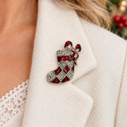 Red Enamel Christmas Stocking Brooch Rhinestone Silver Tone Holiday Pin CP172
