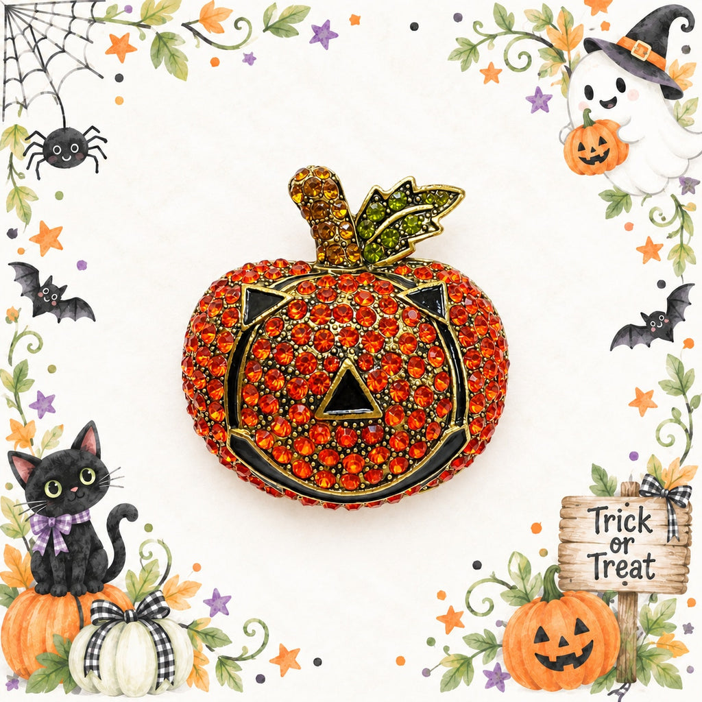 Halloween Jack O Lantern Brooch Orange Rhinestone Pumpkin Gold Tone Pin CP214