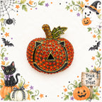 Halloween Jack O Lantern Brooch Orange Rhinestone Pumpkin Gold Tone Pin CP214