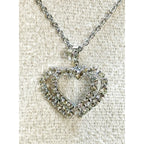 Vintage Double Heart Rhinestone Pendant Necklace Silver Tone 20" Chain N453