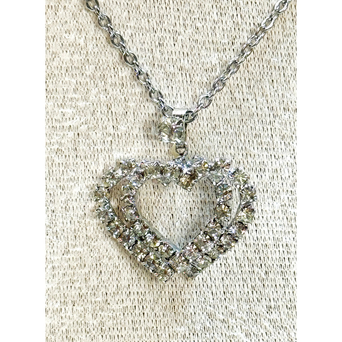 Vintage Double Heart Rhinestone Pendant Necklace Silver Tone 20" Chain N453