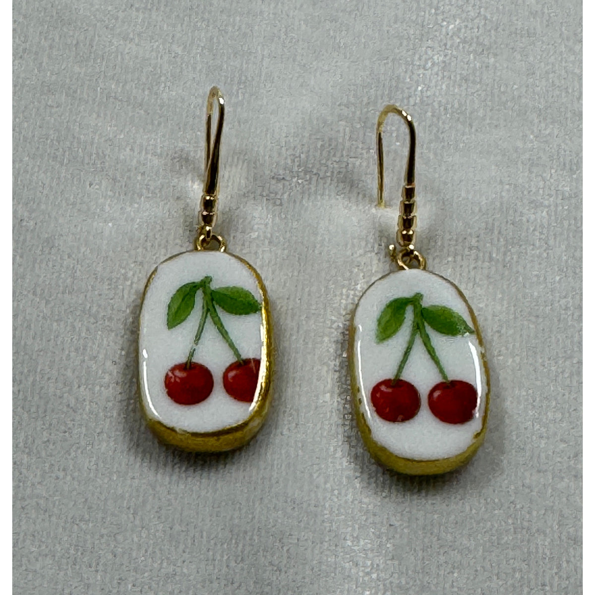 Cherry Ceramic Dangle Earrings Gold Tone Fruit Earrings Cute Cottagecore E278