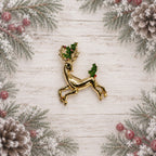 Vintage Gold Tone Reindeer Brooch Holly Enamel Rhinestone Christmas Pin CP260