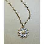 Gold Tone Sunflower Necklace with Clear Rhinestone Pendant 16-18" Chain New N305