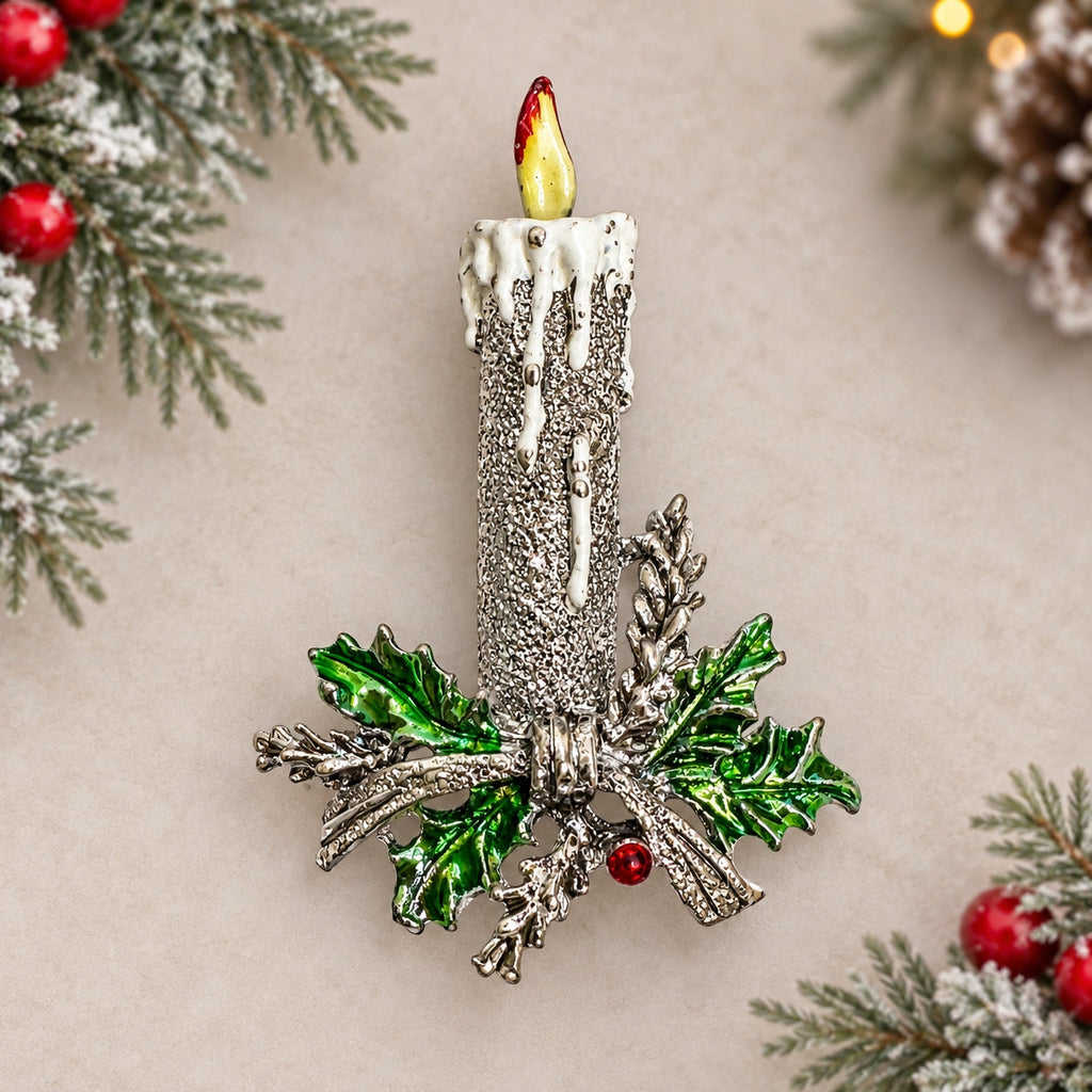 Vintage Christmas Candle Brooch Enamel Holly Silver Tone Rhinestone Pin CP270
