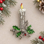 Vintage Christmas Candle Brooch Enamel Holly Silver Tone Rhinestone Pin CP270