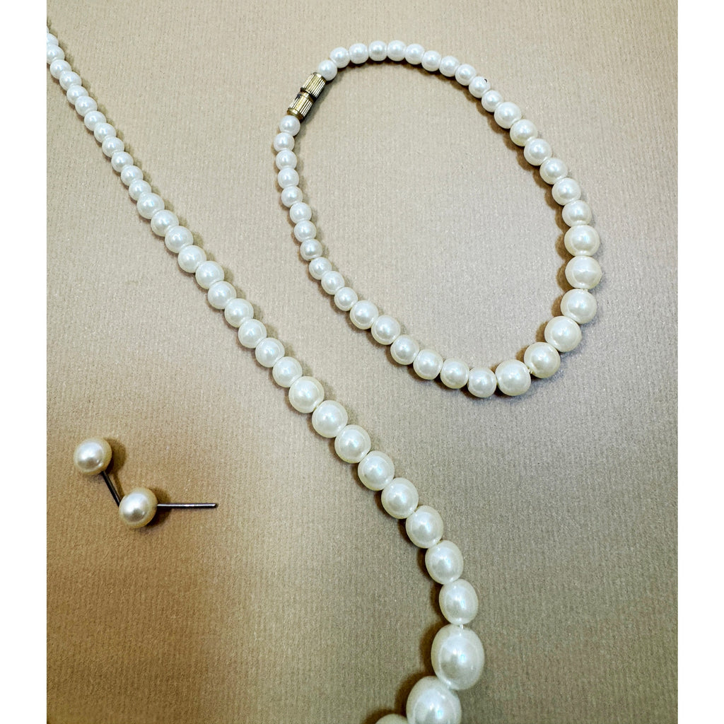 Faux Pearl Jewelry Set Necklace Bracelet Earrings Bridal Wedding Off White N359