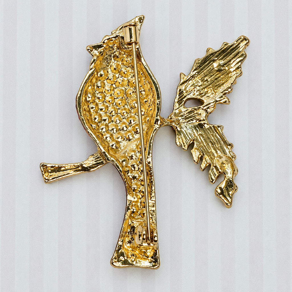 Red Cardinal Rhinestone Brooch Pin Gold Tone Christmas Bird Holly 2.25" CP170