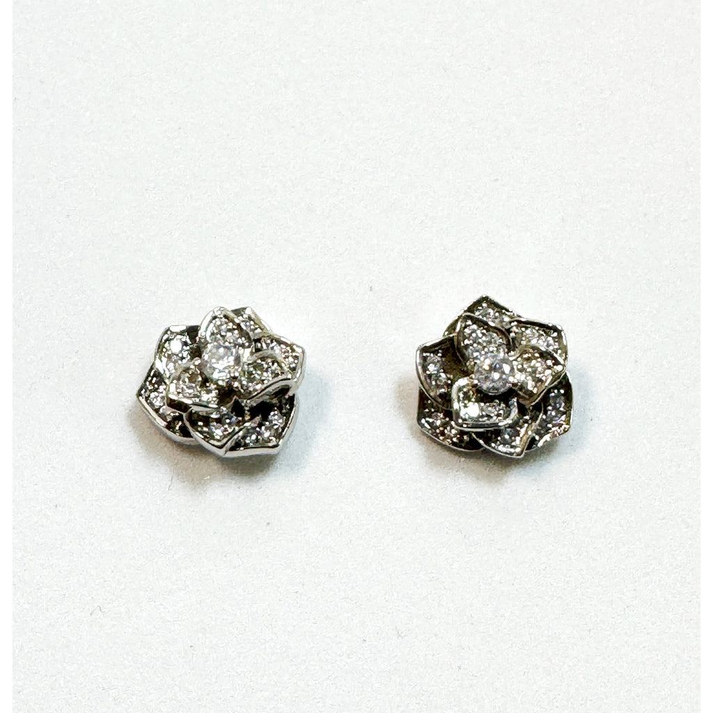 Silver Tone Rhinestone Rose Flower Post Earrings Sparkly Studs 1/2" E289