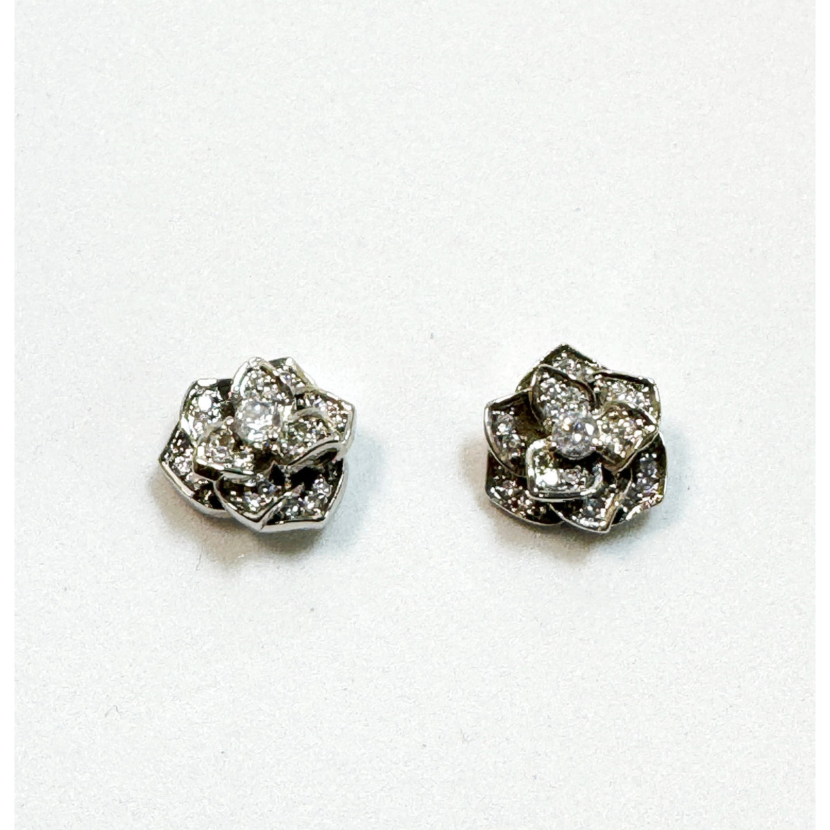 Silver Tone Rhinestone Rose Flower Post Earrings Sparkly Studs 1/2" E289