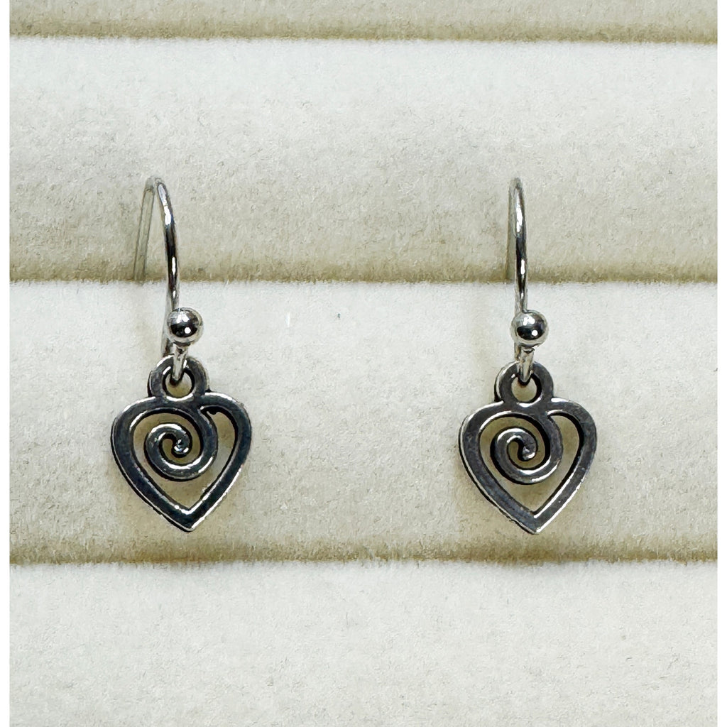 Tiny Silver Heart Dangle Hook Earrings Swirl Open Heart 3/4 Inch Minimalist E482