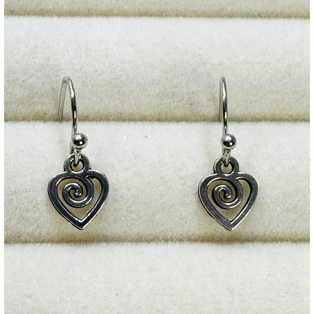 Tiny Silver Heart Dangle Hook Earrings Swirl Open Heart 3/4 Inch Minimalist E482