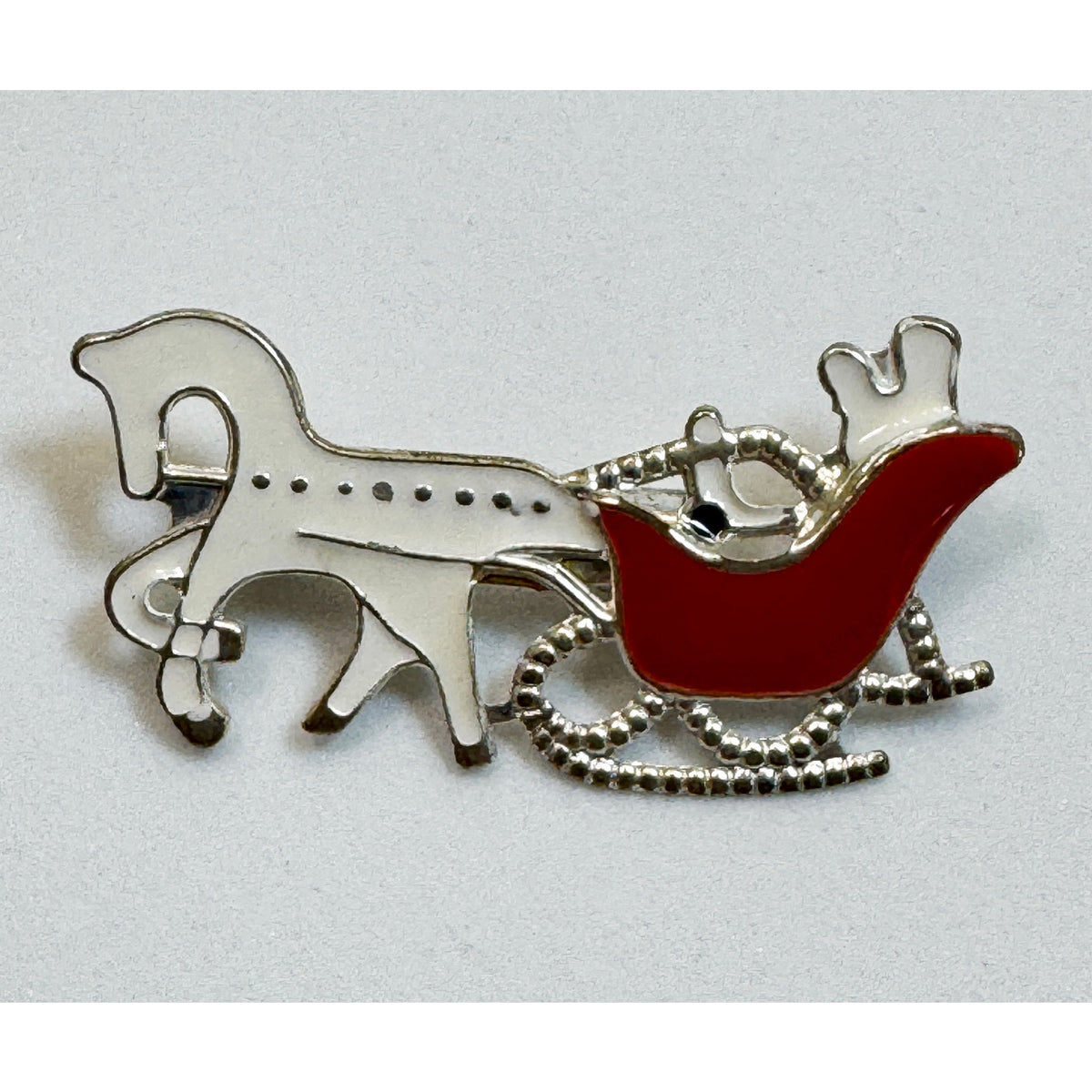 Vintage Christmas Horse & Sleigh Enamel Brooch Red White Holiday 1" x 1.5" CP154