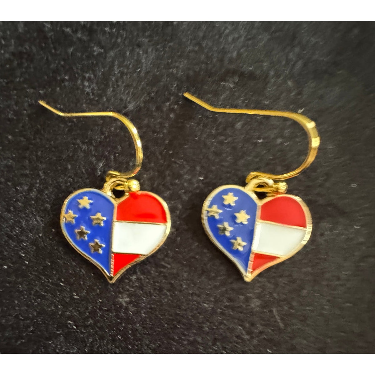 Americana USA Heart Flag Dangle Earrings Patriotic Red White Blue E233