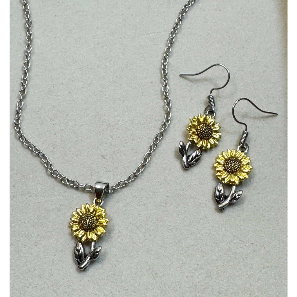 Sunflower Necklace & Earring Set Gold Silver Tone Floral Jewelry 18-20"  N363